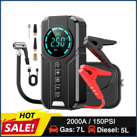 Car Jump Starter Air Pump 150PSI Air Compressor 2000A Jump Starter Power Bank Lighting Battery Starters Auto Tyre Inflator